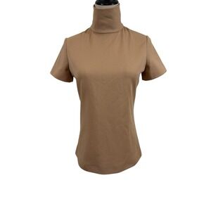 Vtg 60s 70s Women's Tan Turtleneck Top Short Sleeve Shirt Sz S Boho Hippie Disco